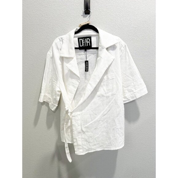Dear Deer White Linen Double Breasted Jacket Wrap Front Side Tie Medium NWT - Picture 3 of 7